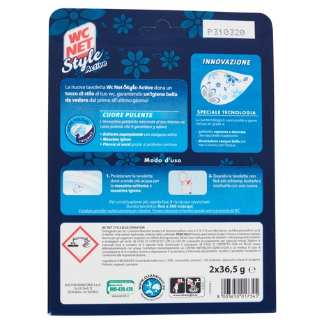 Wc Net - Tavoletta Style Active, Detergente Igienizzante Solido per WC, Blue Sensation, 2 Pezzi